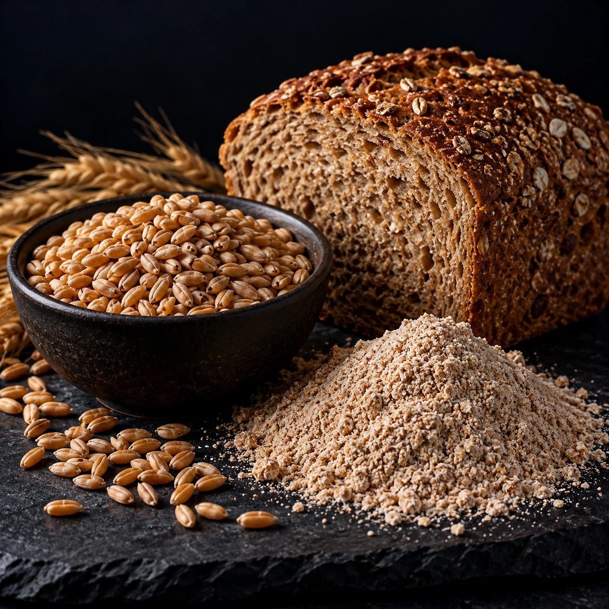 Whole wheat kernels, flour and bread