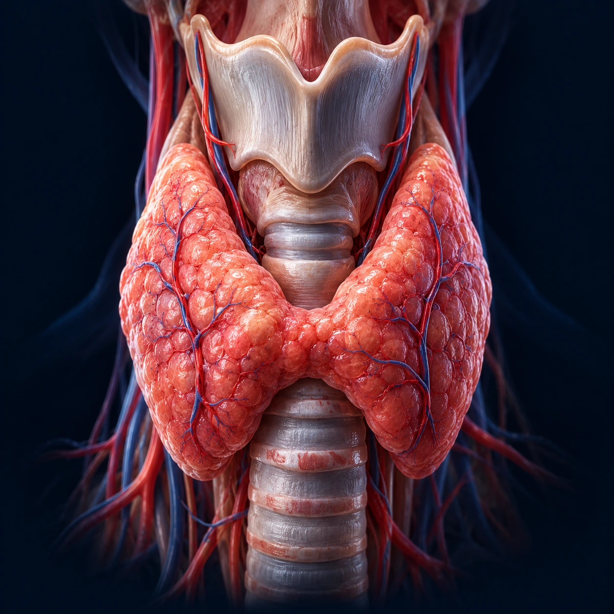 Medical illustration of the butterfly-shaped thyroid gland on the windpipe