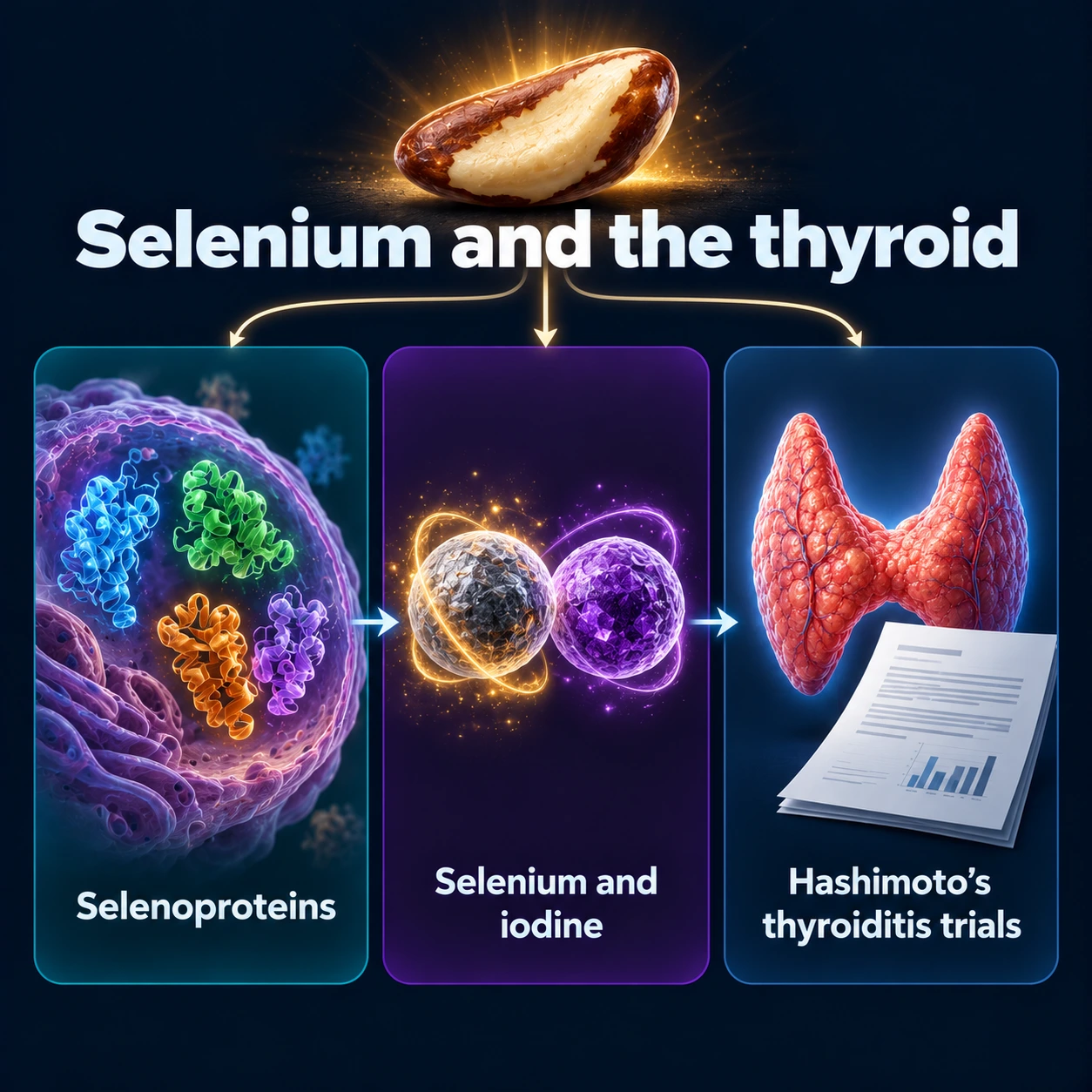 Infographic: selenium and the thyroid — selenoproteins, selenium and iodine, hashimoto's thyroiditis trials