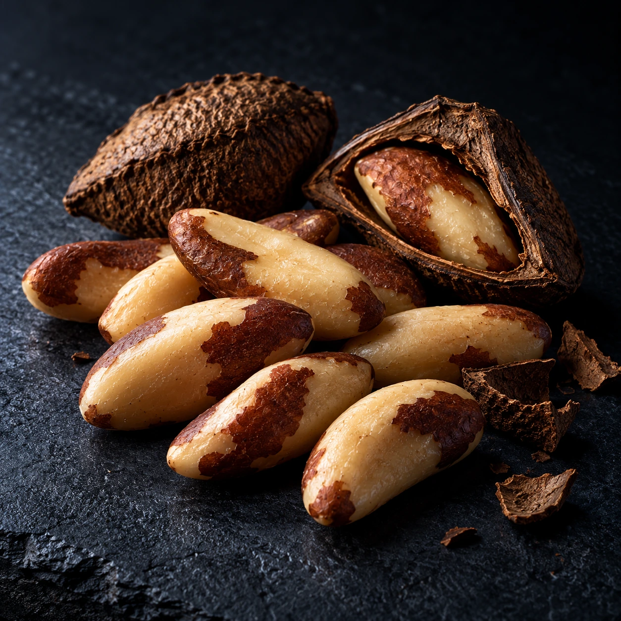 Shelled Brazil nut kernels and two nuts in their shells on dark slate