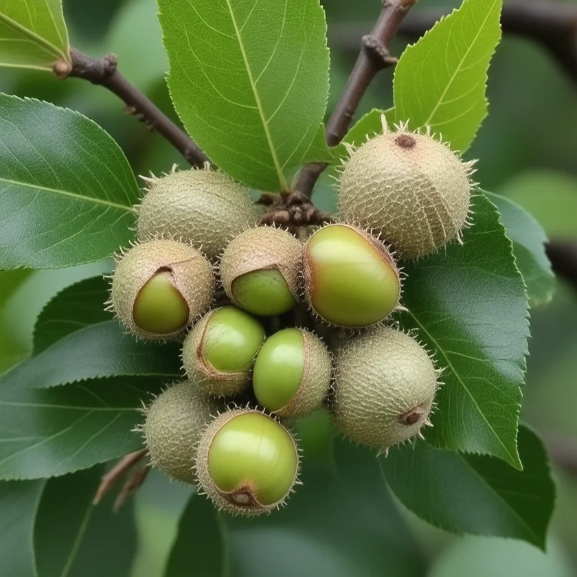 Hazelnuts in their frilly husks on the branch