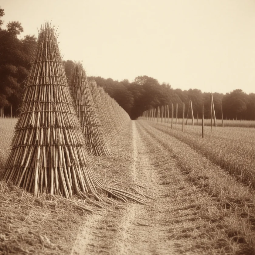 Peanut vines stacked on poles to dry