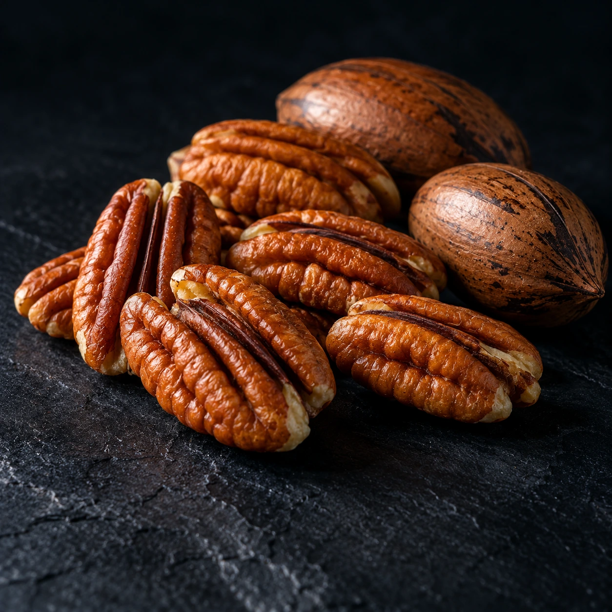 Pecan halves and whole pecans on dark slate