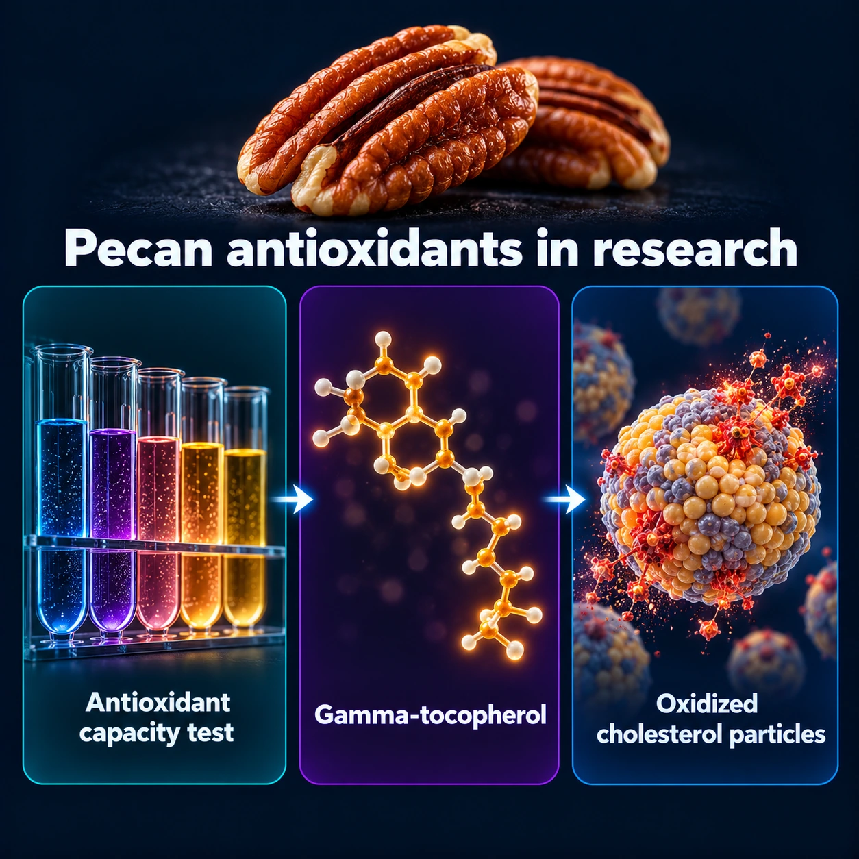 Infographic: pecan antioxidants in research — antioxidant capacity test, gamma-tocopherol, oxidized cholesterol particles