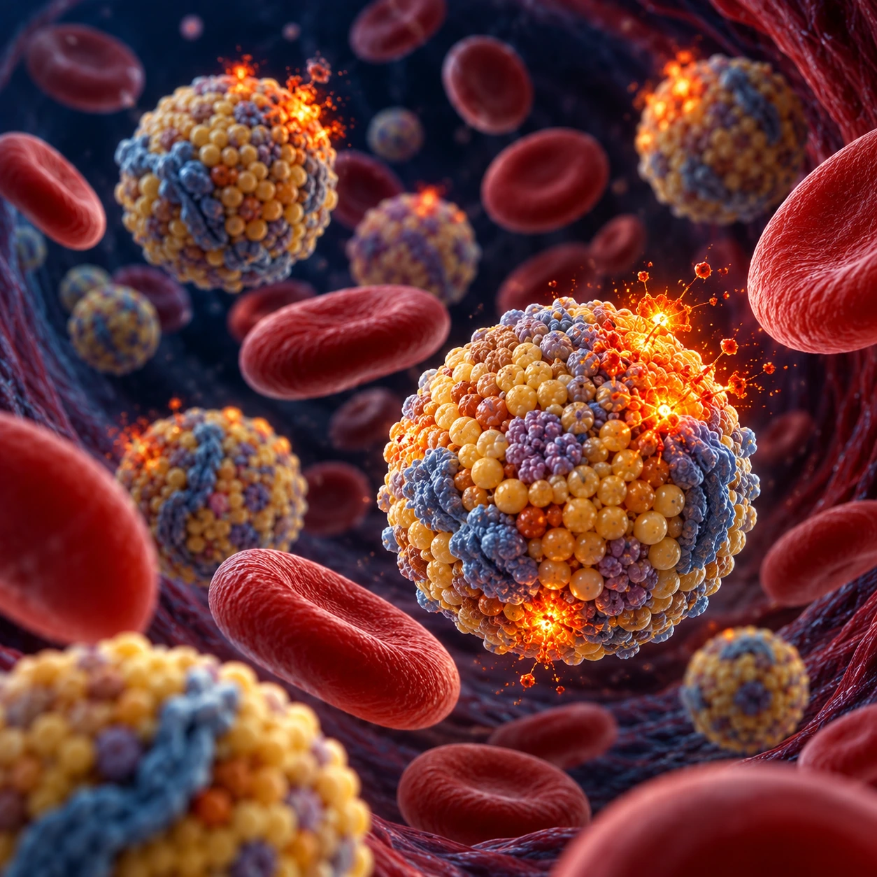 Illustration of lipoprotein particles in a blood vessel
