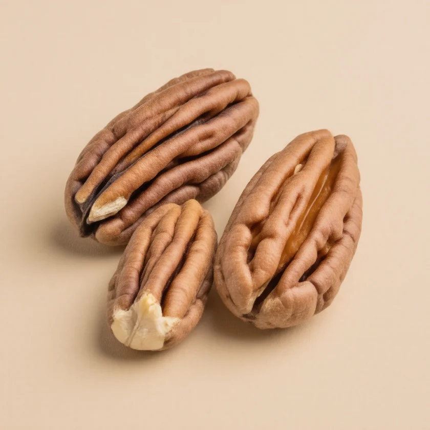 A cracked pecan and its kernel