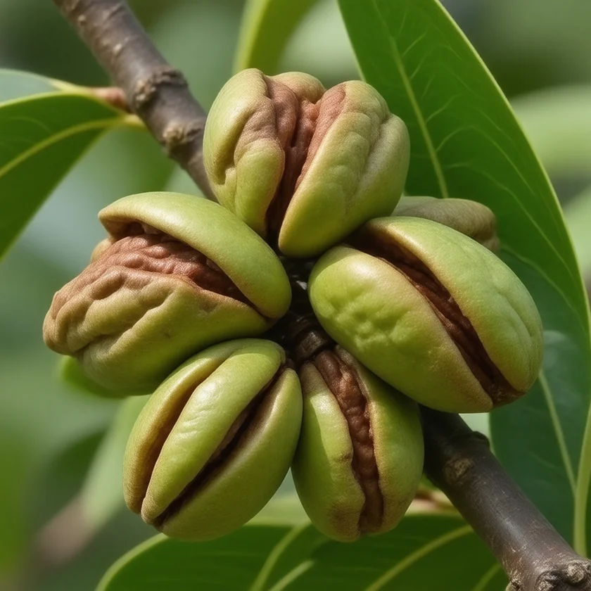 Pecans ripening in their green husks