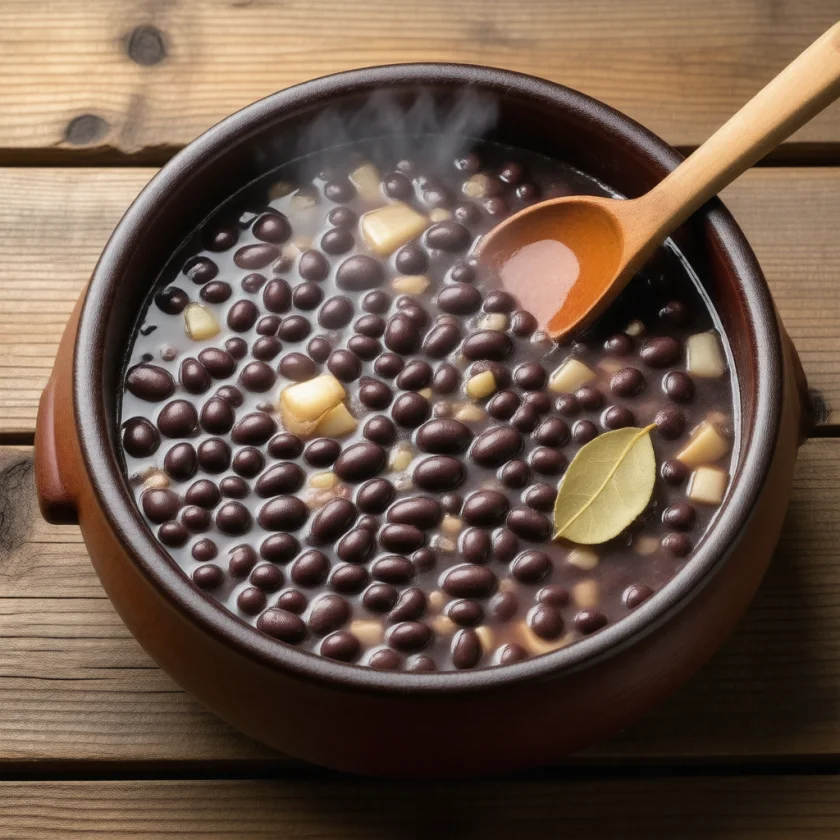 Slow-cooked black beans in a clay pot