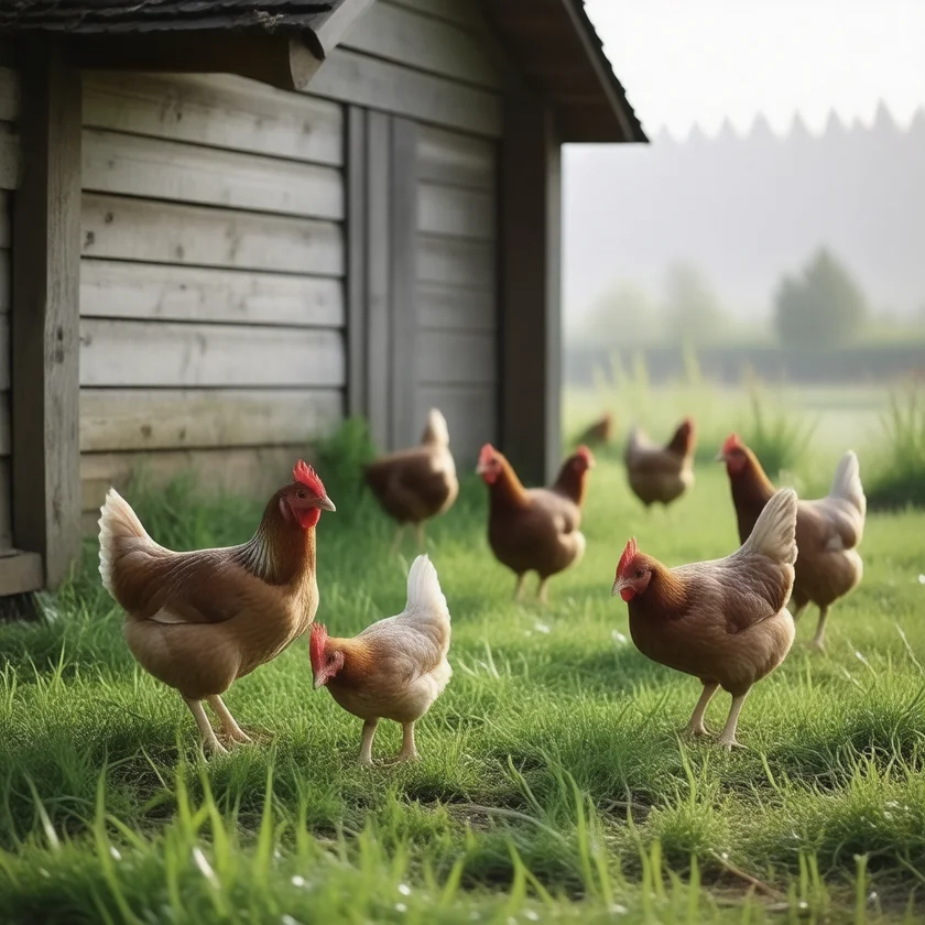 Hens foraging on pasture