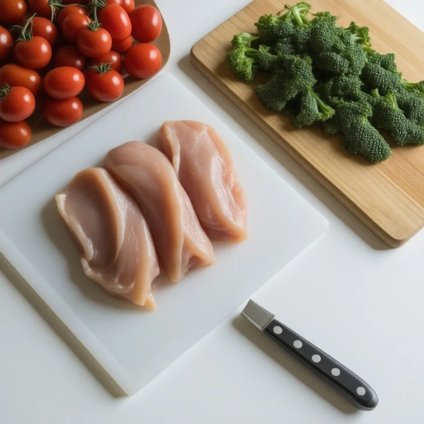 Raw chicken on its own cutting board