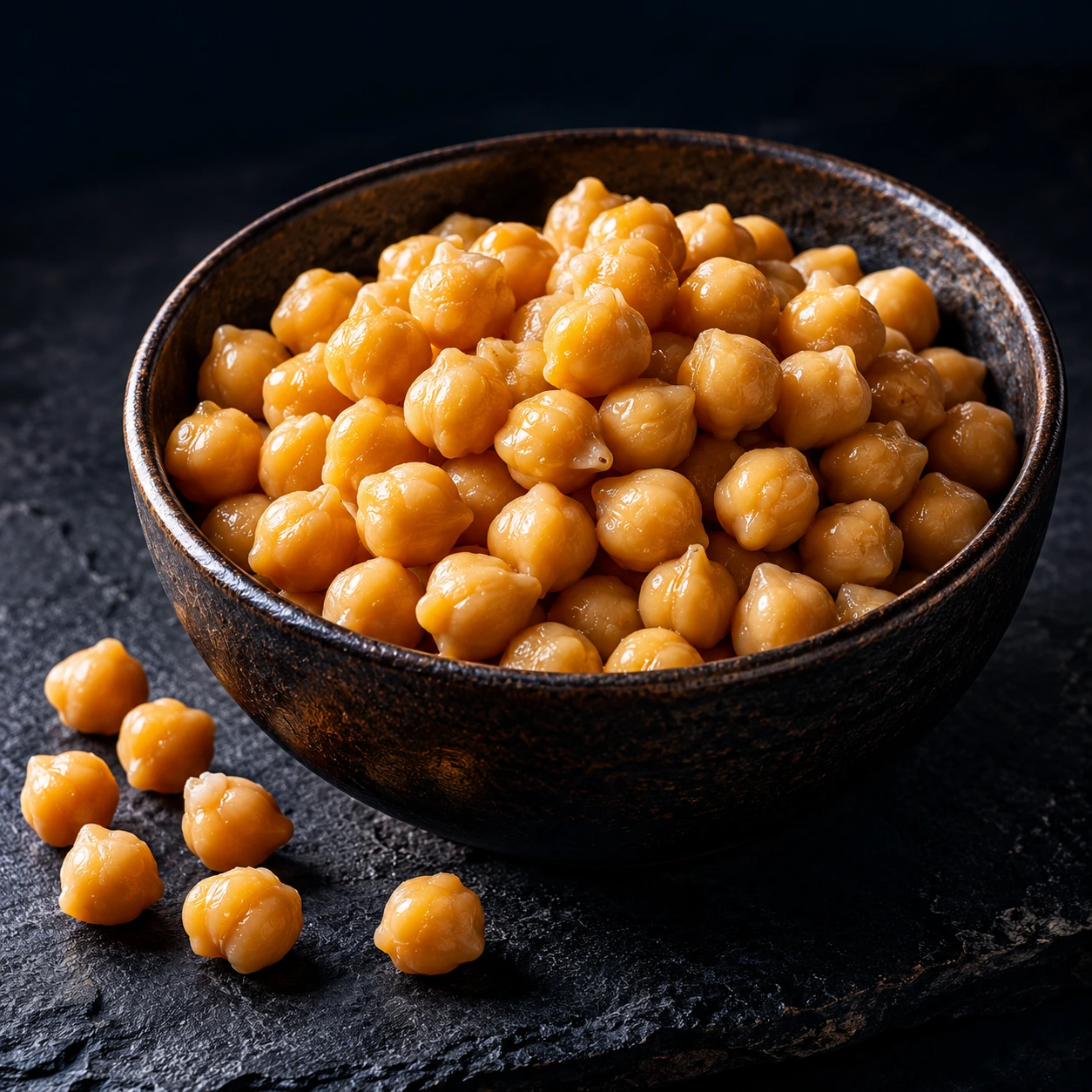 Bowl of cooked chickpeas on dark slate