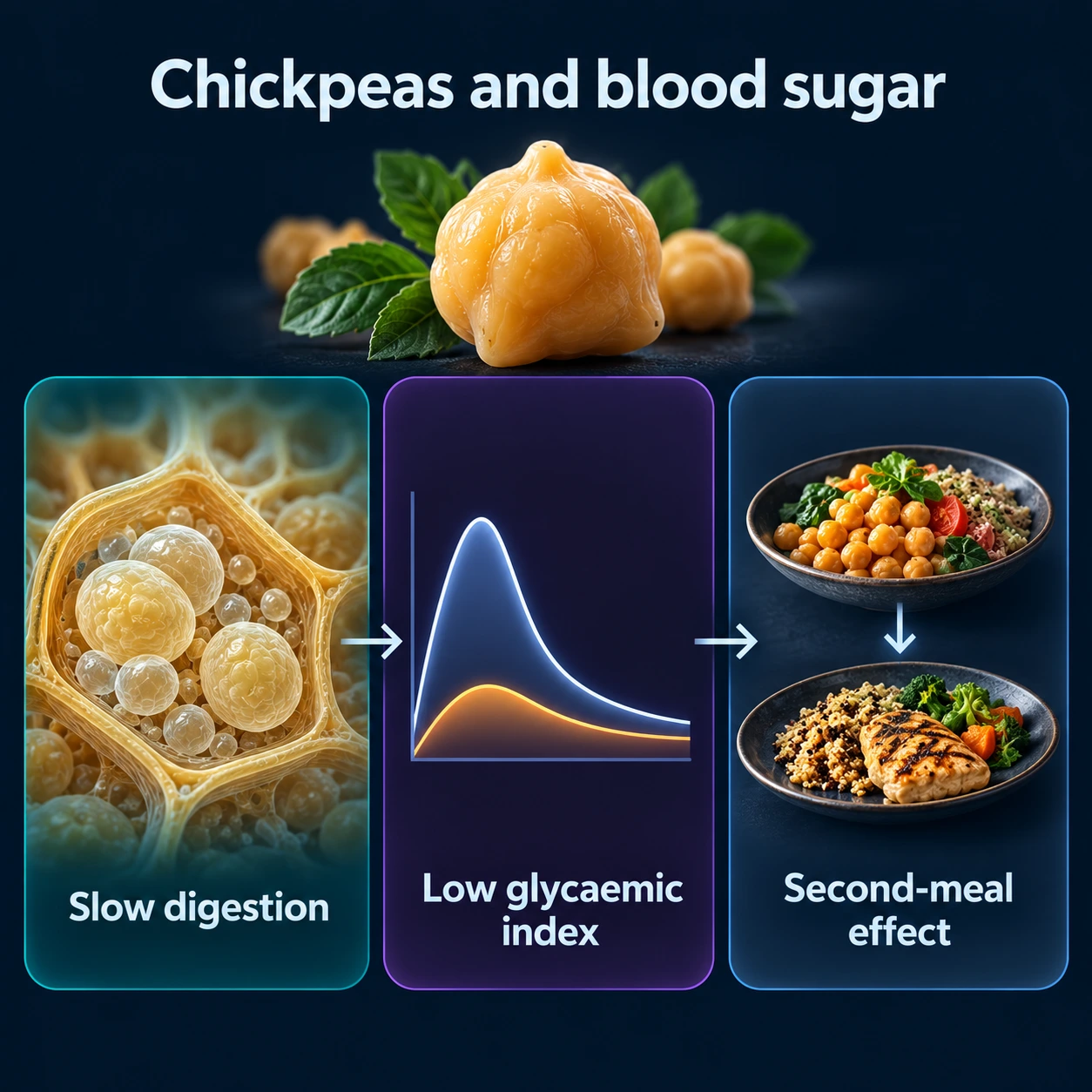 Infographic: chickpeas and blood sugar — slow digestion, low glycaemic index, second-meal effect