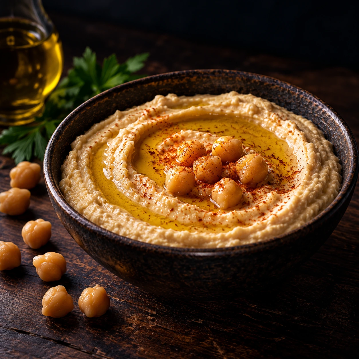 Bowl of hummus with olive oil and chickpeas