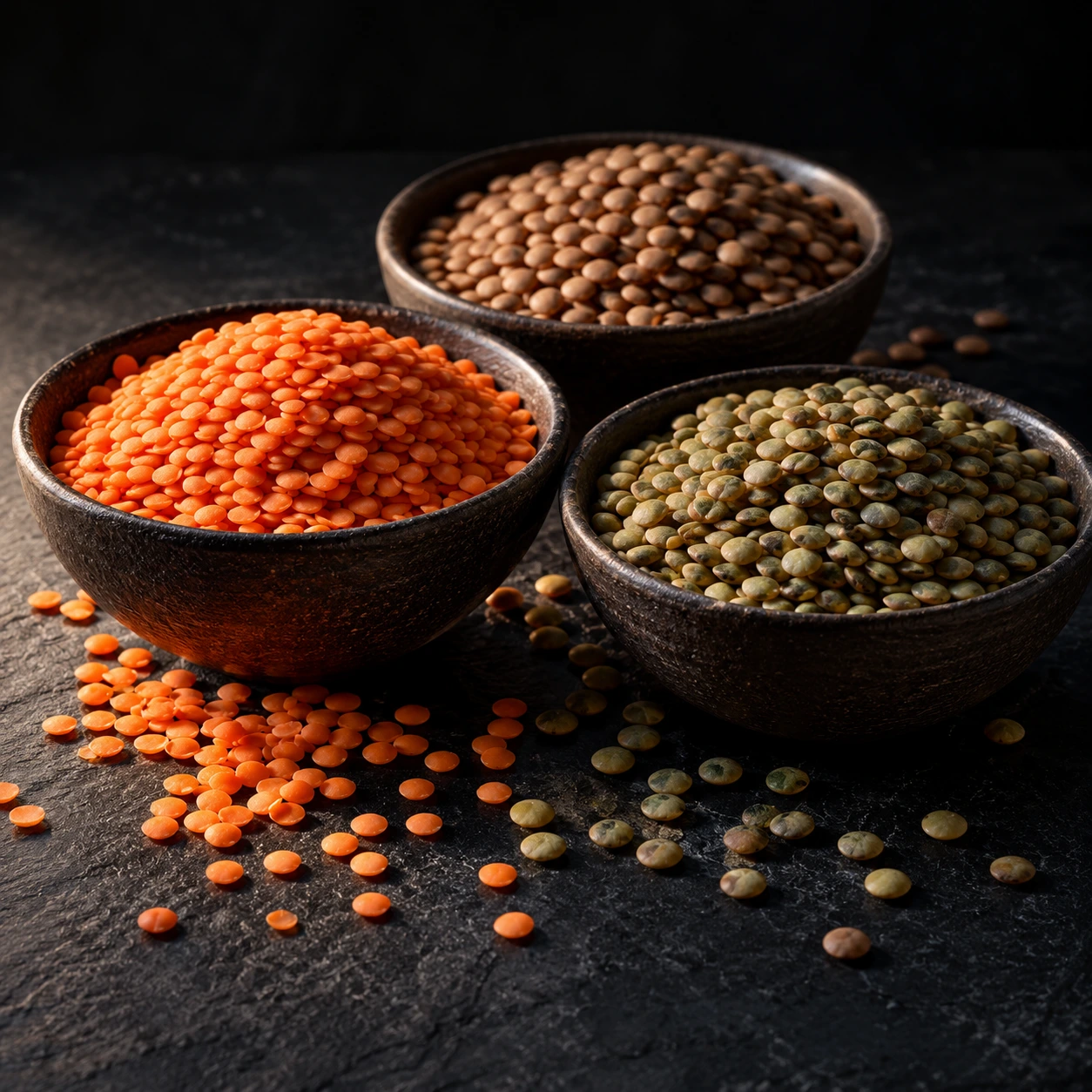 Bowls of red, green and brown lentils