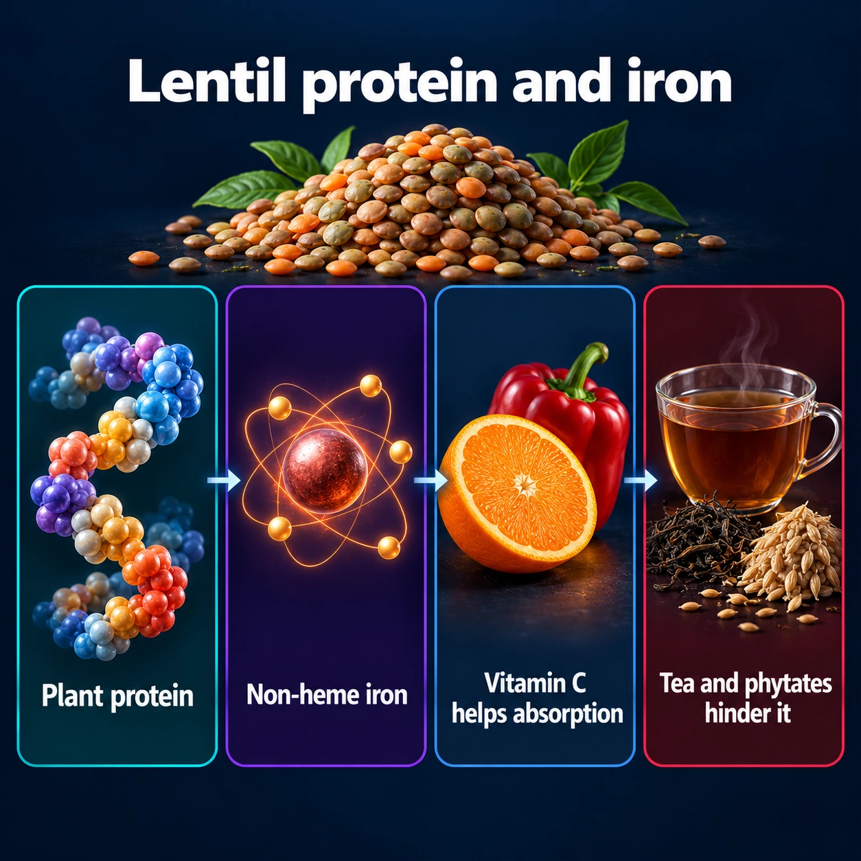 Infographic: lentil protein and iron — plant protein, non-heme iron, vitamin c helps absorption, tea and phytates hinder it