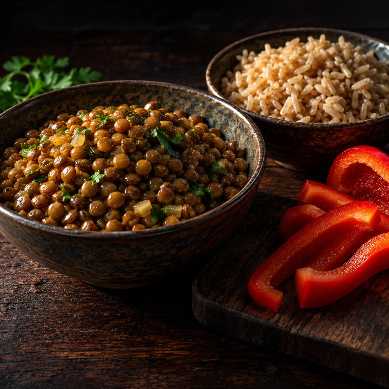 Cooked lentils with brown rice and red pepper