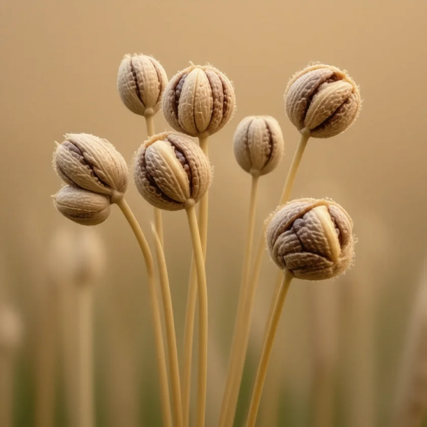 Flax seed bolls, split open at harvest