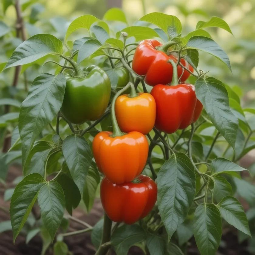 Bell peppers ripening from green to red