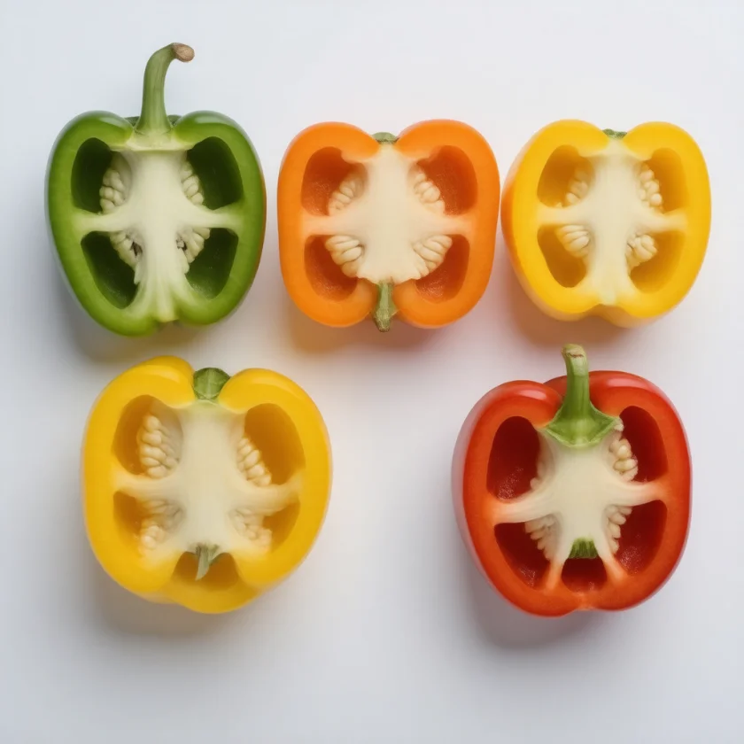 Green, yellow, orange and red peppers halved