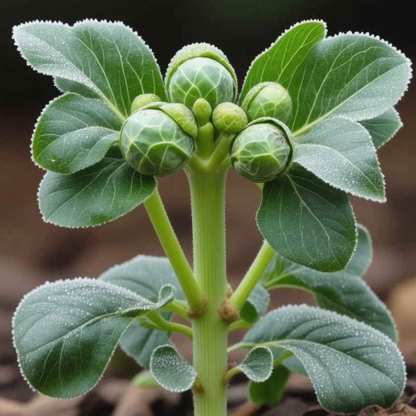 Brussels sprouts growing along the stalk