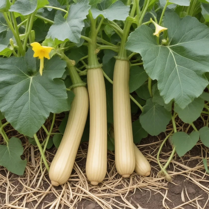 Butternut squash growing on the vine