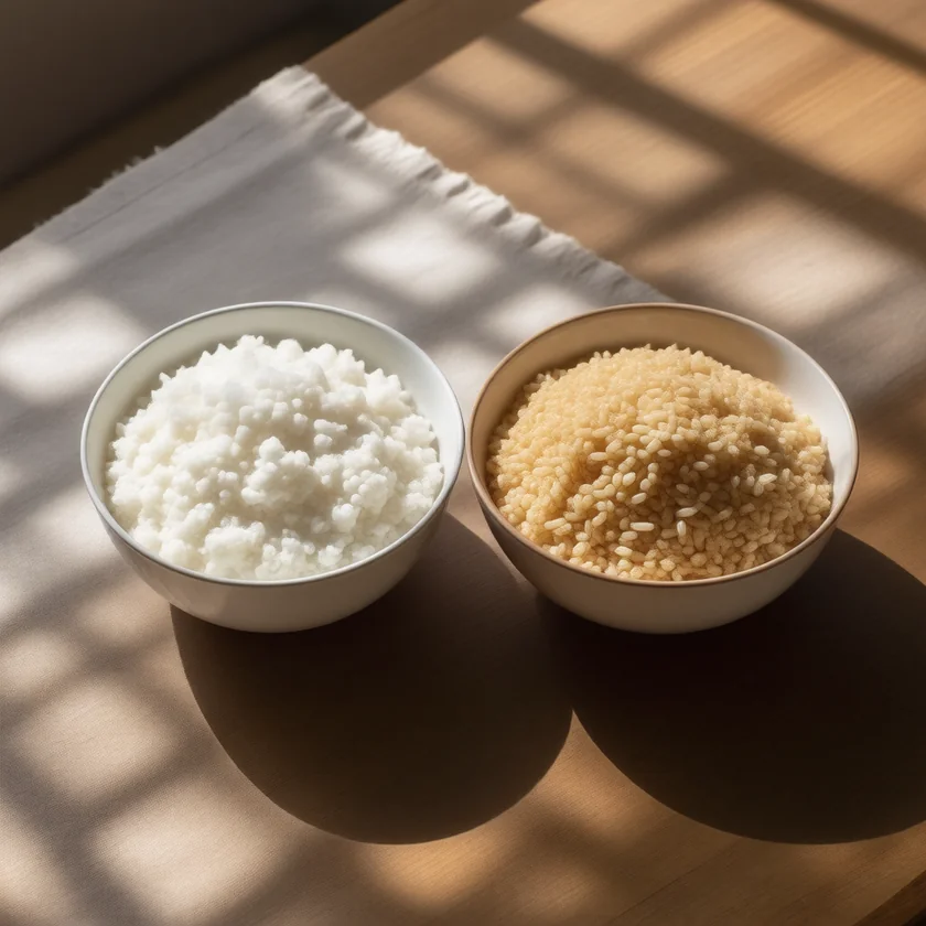 Cauliflower rice beside brown rice
