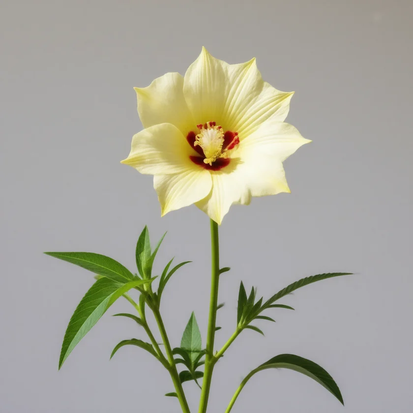 Okra flower and young pods on the plant