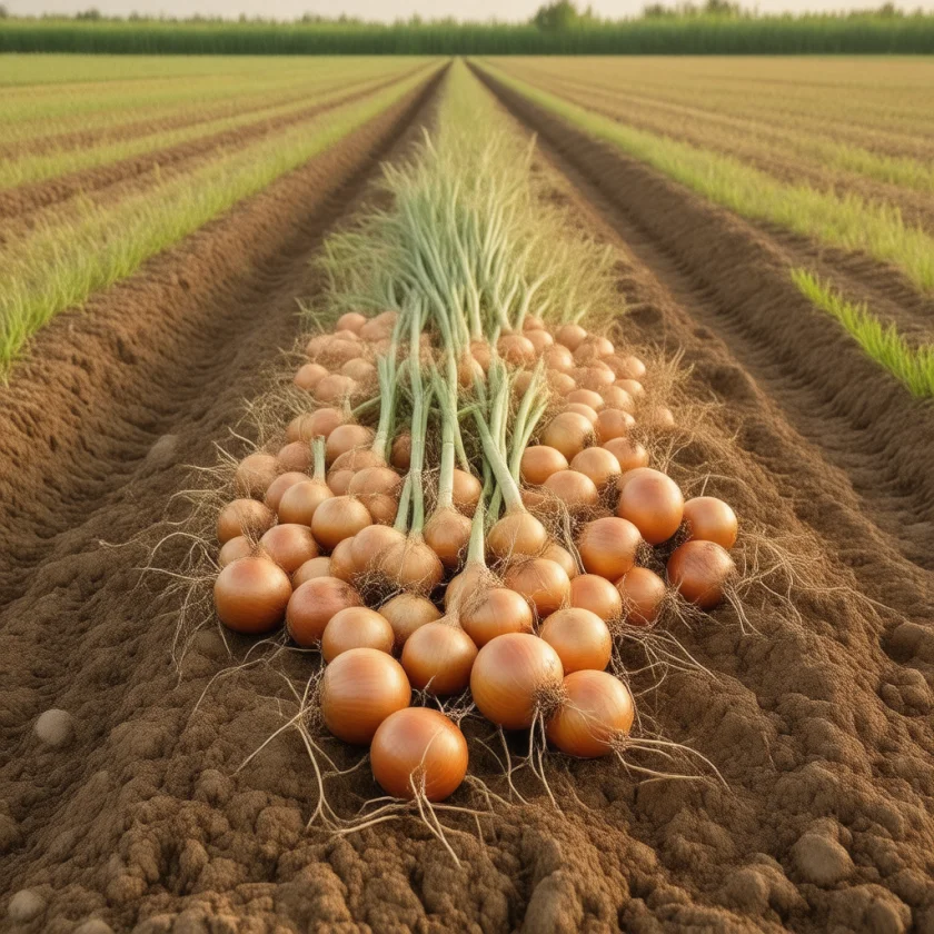 Harvested onions drying in the field