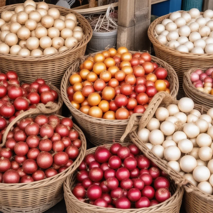Red, yellow and white onions at market