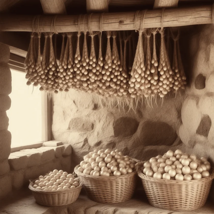 Onions braided and hung for winter storage