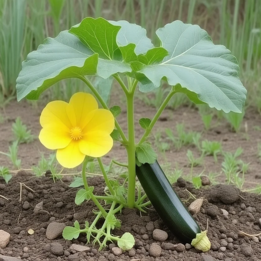 A zucchini growing on the plant