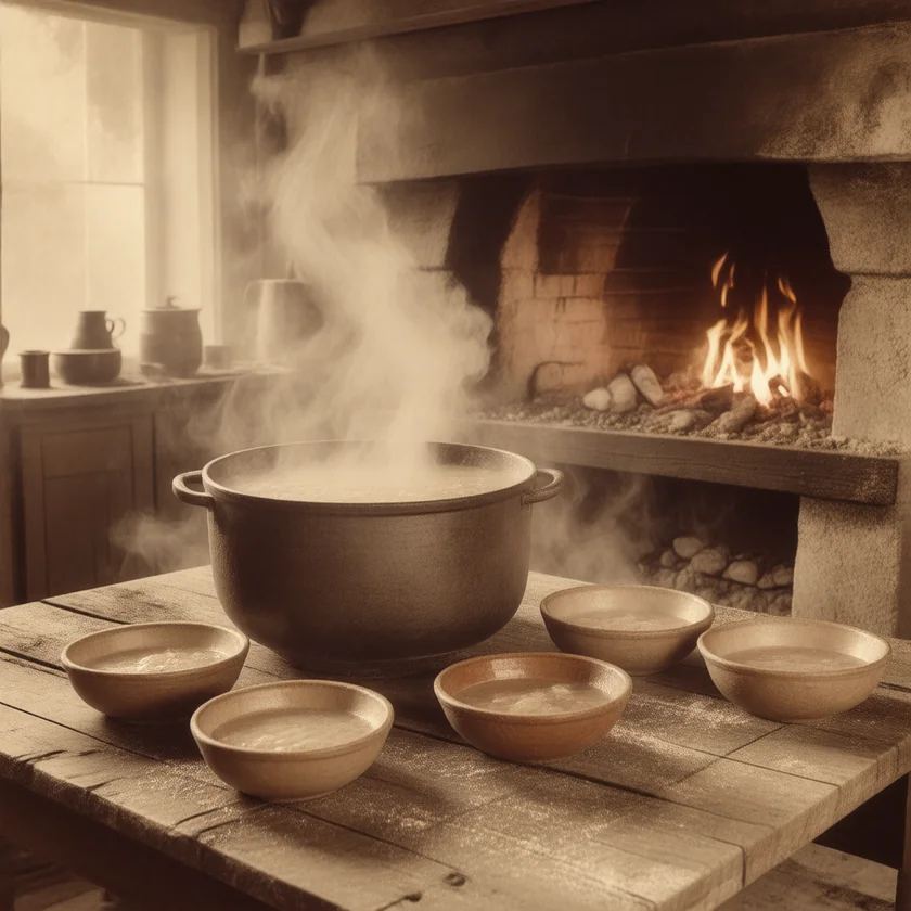 Broth simmering on an old kitchen hearth
