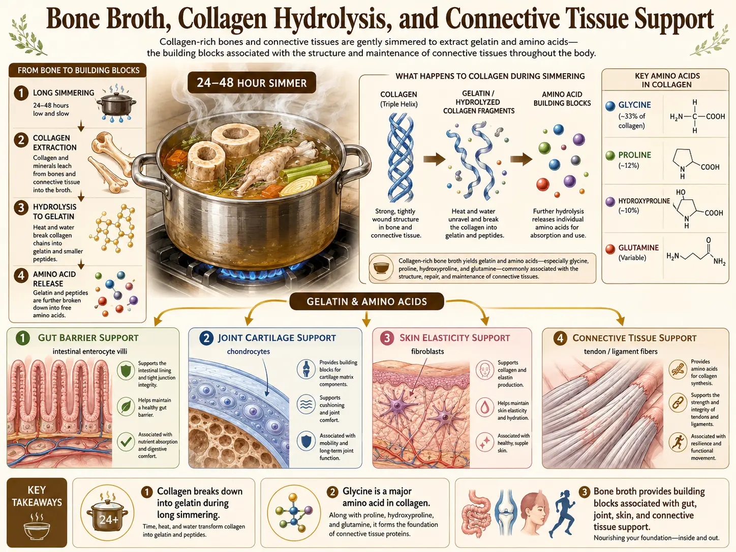 Bone broth collagen, glycine, and glutamine breakdown