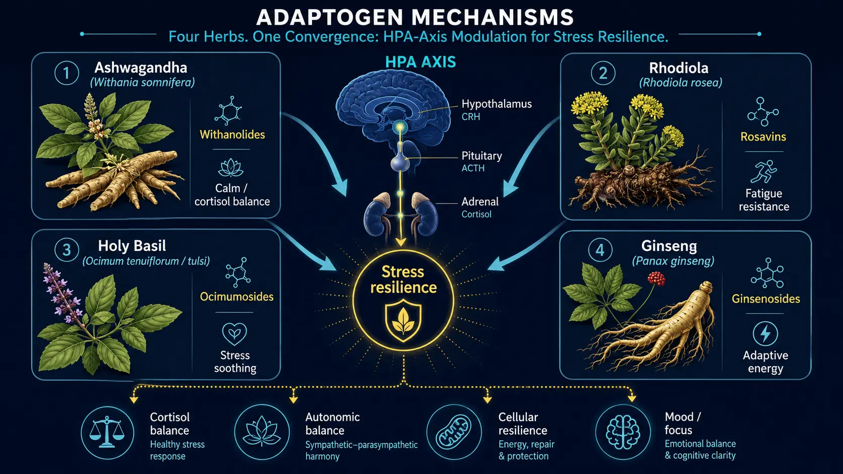 Adaptogens (Ashwagandha, Rhodiola, Holy Basil, Ginseng) HPA-axis modulation