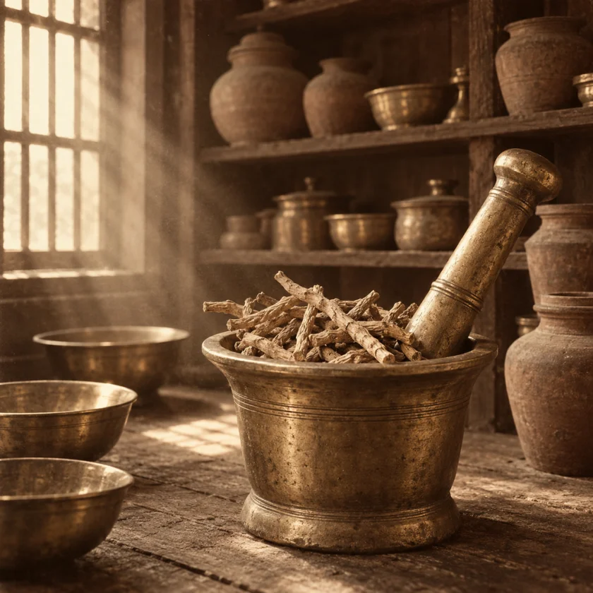 Grinding dried root in a traditional apothecary