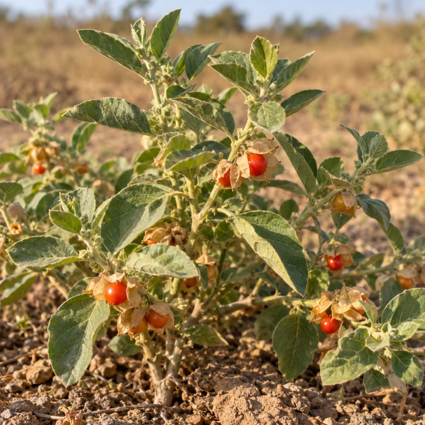 Ashwagandha shrub with orange-red berries