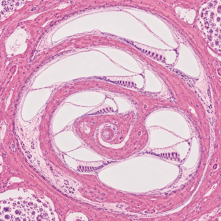The cochlea, the spiral hearing organ
