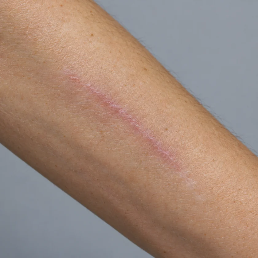 A healing scar on the forearm