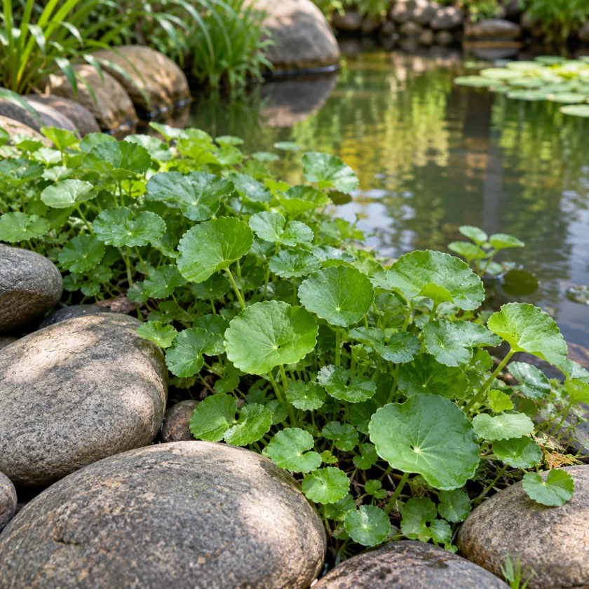 Gotu kola carpeting the edge of a pond