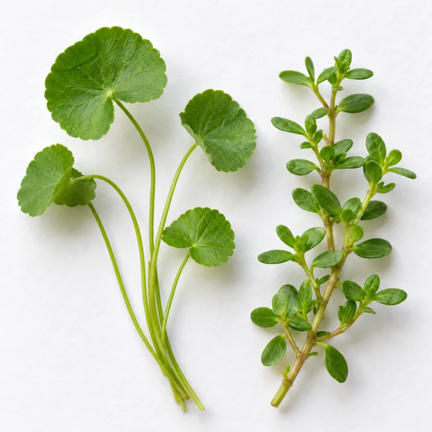 Gotu kola beside bacopa, two plants both called brahmi