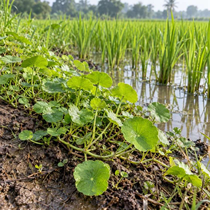 Gotu kola along the edge of a rice paddy