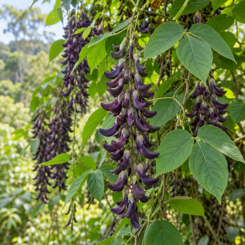 Velvet bean vine with dark purple flowers