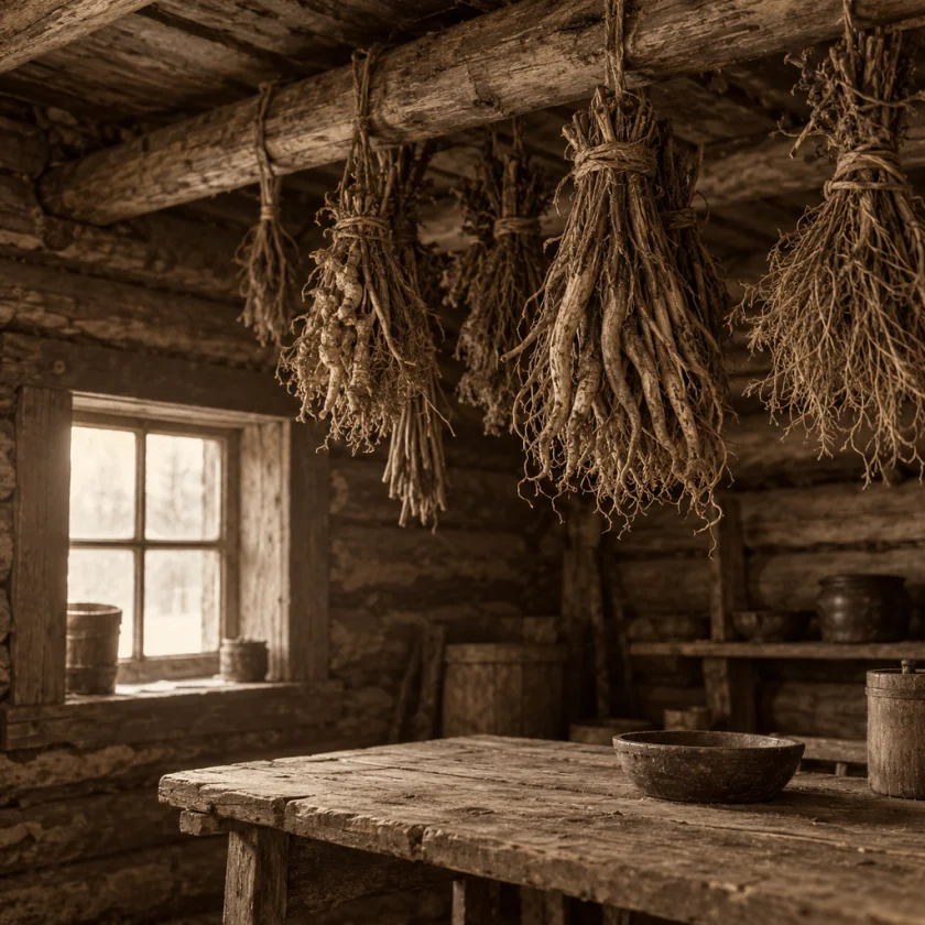 Roots drying in a Siberian cabin