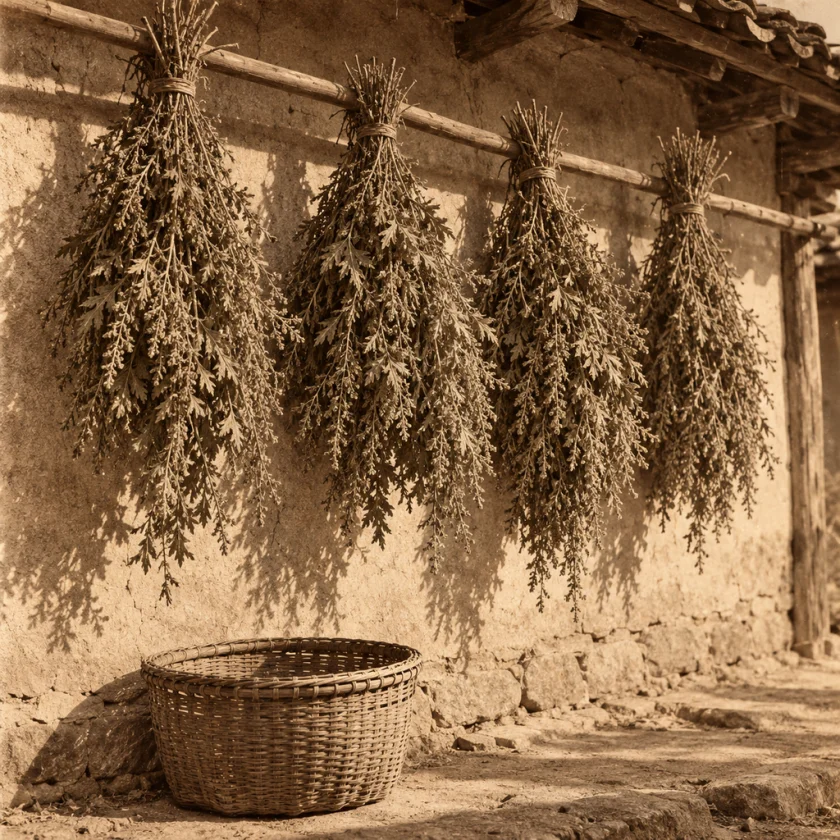 Sweet wormwood bundles drying in rural China