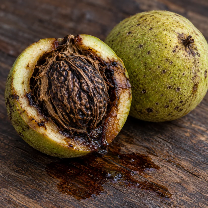 Black walnut fruit cut open, showing the green hull