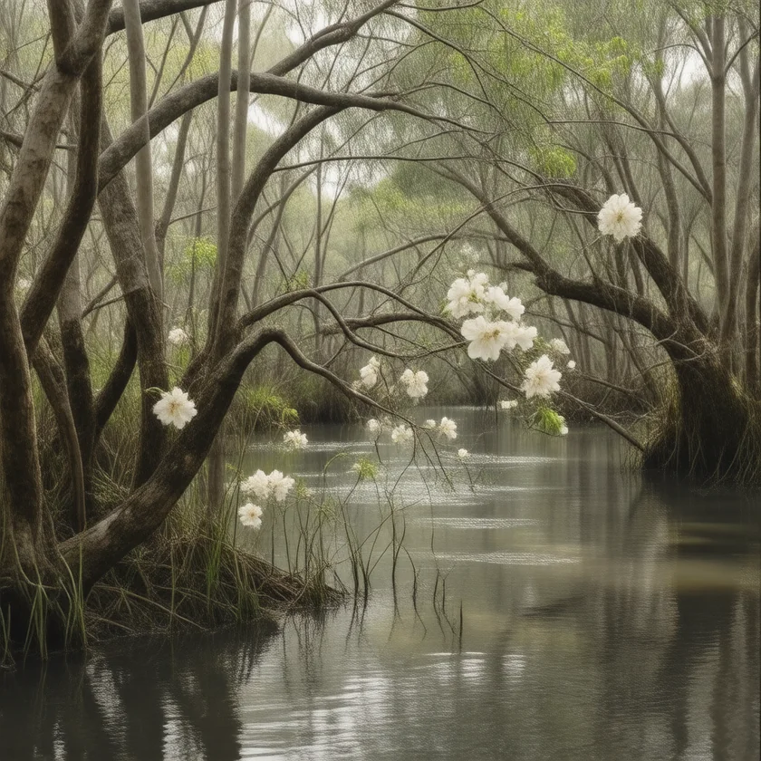 Tea trees growing along an Australian creek