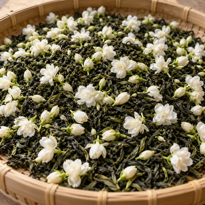Scenting green tea with fresh jasmine blossoms