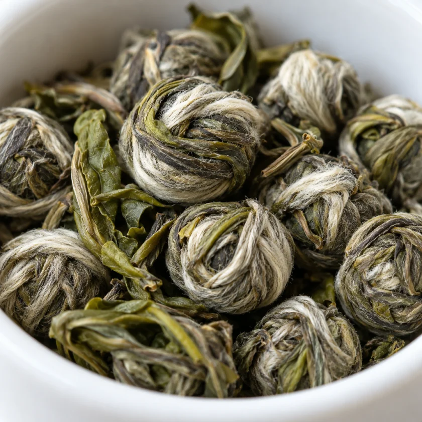 Jasmine pearls, rolled green tea leaves