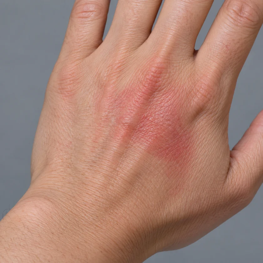 A minor first-degree burn on the back of a hand