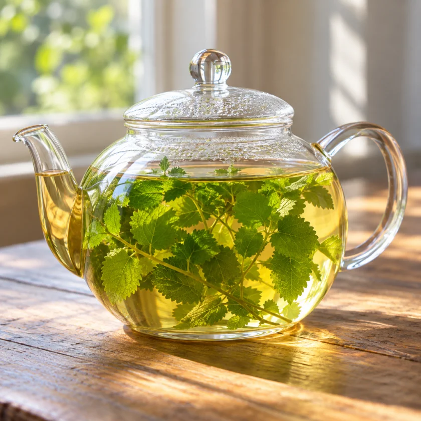 Fresh lemon balm tea steeping